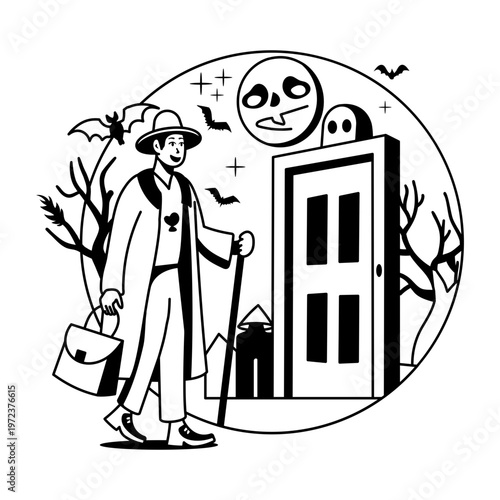 A glyph illustration of haunted man holding a bag and walking with stick