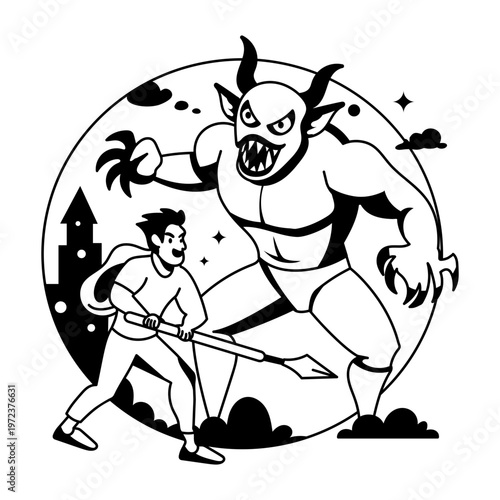 A man fight with creepy monster, a glyph style illustration