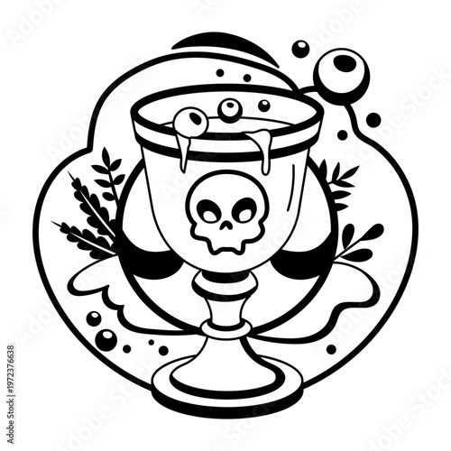 A glyph illustration of a spooky drink in skull goblet