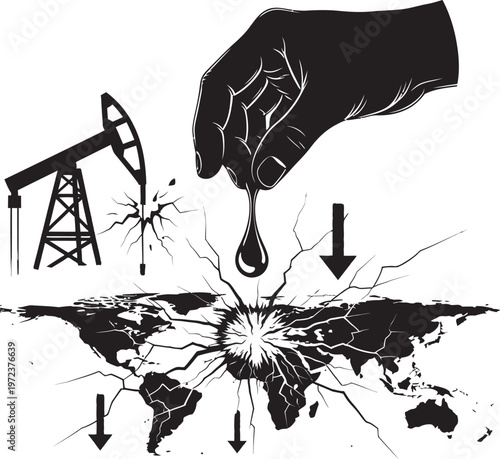 Hand dropping oil on cracked world map with oil pump nearby representing global energy crisis impact.