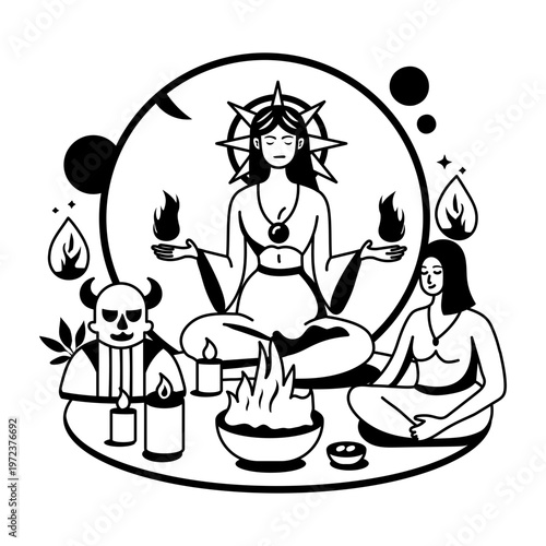 A witch doing black magic, glyph style illustration