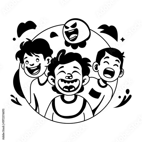 A glyph illustration of a laughing ghost with kids