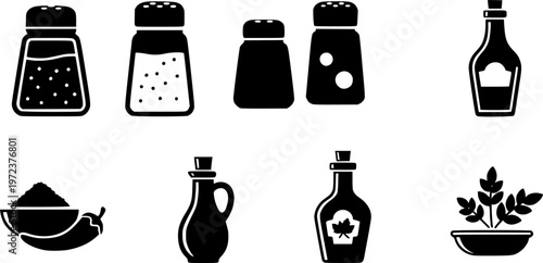Kitchen seasoning and dining table condiment icon set featuring simple black silhouettes of salt and pepper shakers – Black and White Vector Illustration