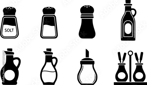 Kitchen seasoning and dining table condiment icon set featuring simple black silhouettes of salt and pepper shakers – Black and White Vector Illustration