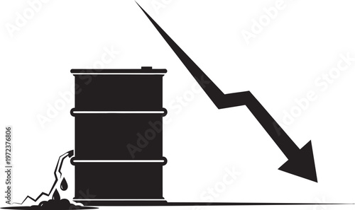 Economic graph showing falling oil prices with downward market arrow and leaking black barrel vector silhouette.