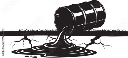 Industrial oil barrel leaking crude onto grass and through soil layers showing underground environmental damage.