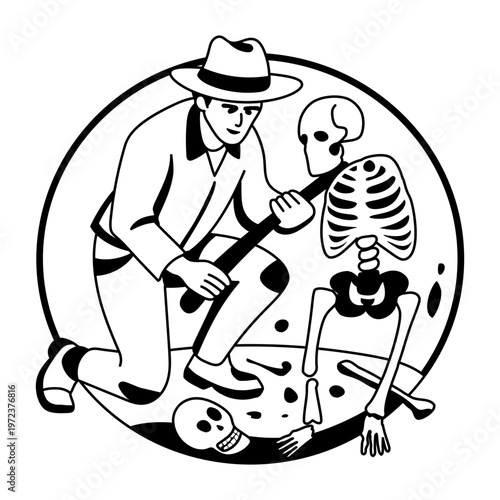 A man find a spooky skeleton, a glyph style illustration