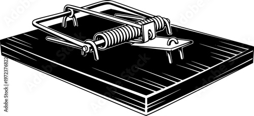 Pest control equipment and rodent capture mechanism icon featuring a simple black silhouette of a detailed spring loaded mousetrap – Black and White Vector Illustration