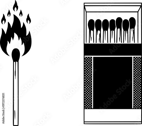 Fire starter and ignition equipment icon set featuring simple black silhouettes of a burning matchstick and an open matchbox – Black and White Vector Illustration