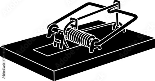 Pest control equipment and rodent capture mechanism icon featuring a simple black silhouette of a detailed spring loaded mousetrap – Black and White Vector Illustration