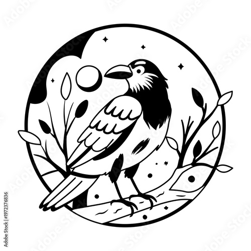 A glyph illustration of haunted crow sitting on a branch