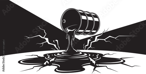 Spilled oil from overturned barrel on cracked dark ground vector art symbolising industrial environmental impact.