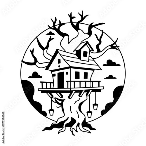 A glyph illustration of haunted treehouse