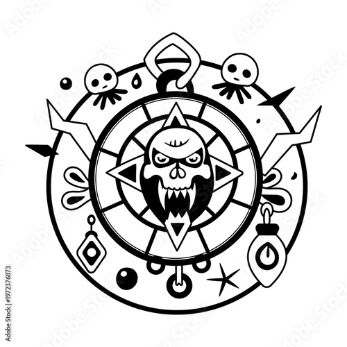 A glyph illustration of mystical charm with a scary skull
