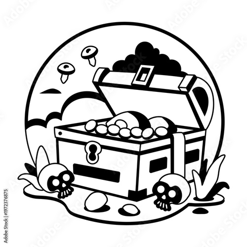 A glyph illustration of spooky treasure with skulls