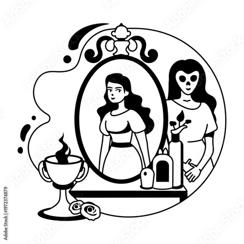A glyph illustration of spooky mirror and a girl reflection on it