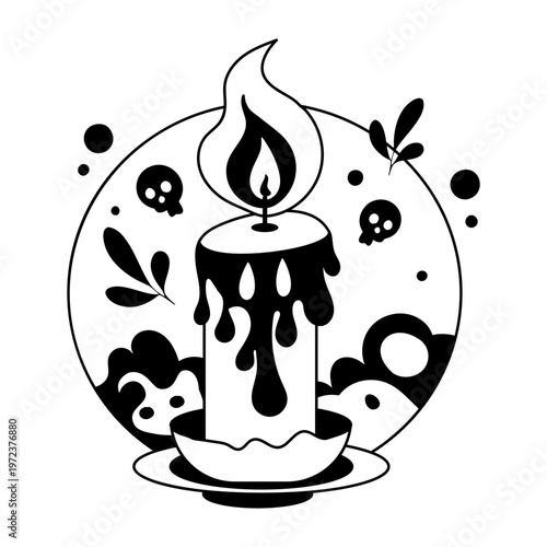 A glyph illustration of melting spooky candle with skulls mascot