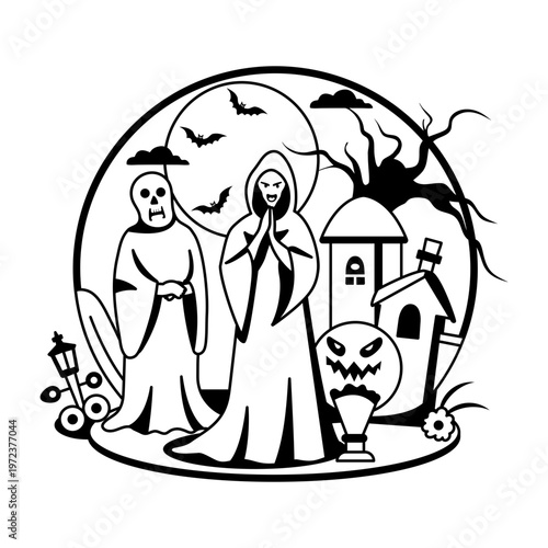Scary characters standing in graveyard, a glyph style illustration