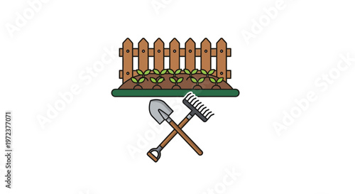 Garden tools crossed on green ground.