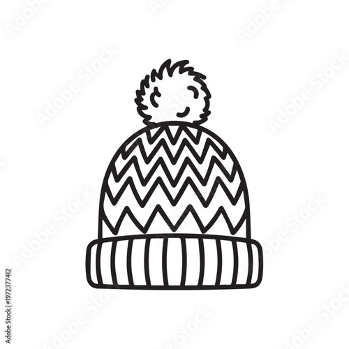 Winter Beanie Hat with Pom Pom Zigzag Pattern Knitted Style Simple Line Art Isolated