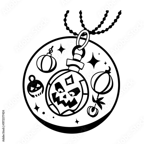 A glyph illustration of spooky pendant with skull mascot
