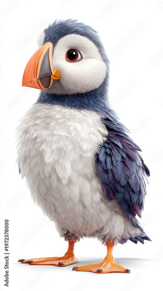 Fototapeta premium Young puffin standing in profile on white background
