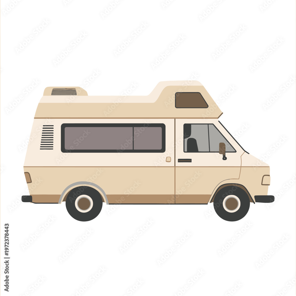 Obraz premium A side view of a simple, beige recreational vehicle with a raised roof and large windows