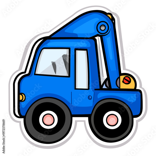 A cartoon-style illustration of a blue crane truck. Includes two wheels and a lifting arm