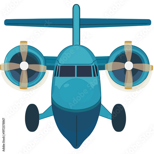 A cartoon-style illustration of an airplane. The plane is blue with two propellers and landing gear