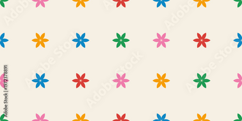 Geometric pattern seamless with colorful jasmine flowers in polka dot floral style on beige background. Design for fabric, Background, Wallpaper, Vector illustration.
