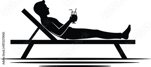 Bild auf Leinwand Side View Silhouette of a Relaxed Man Reclining on a Beach Deck Chair While Hold