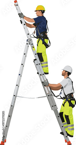Two Construction Workers Wearing Safety Helmets and Harnesses Climbing a Tall Aluminum Folding Ladder for Maintenance or Installation Work Isolated on White Background