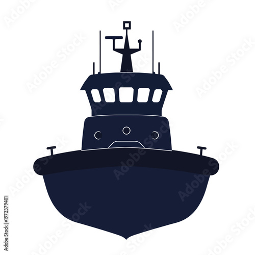 Stylized front view of a dark blue tugboat with superstructure and antenna