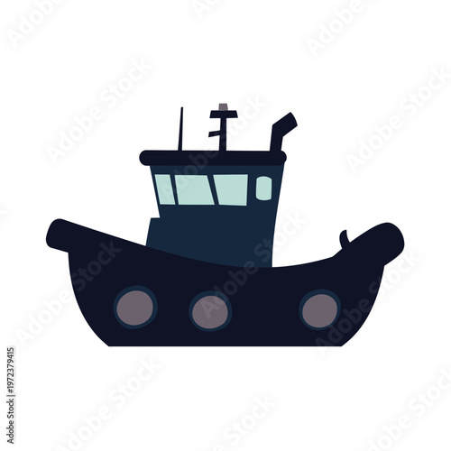 Simplified illustration of a dark blue tugboat. Features cabin with windows and smokestack