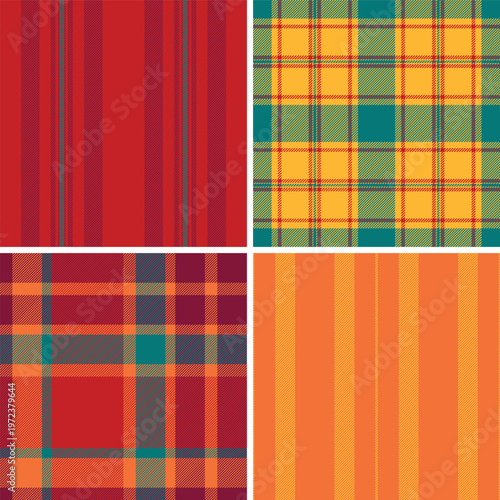 Plaid pattern pack for printable fabric designs. Suitable for flannel shirts, scarves, and sewing projects. Seamless vectors maintain alignment.