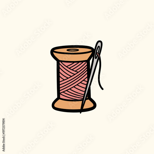 Spool of thread with needle icon in pink outline style on light background
