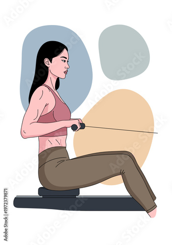 Woman using rowing machine in fitness workout on abstract background illustration