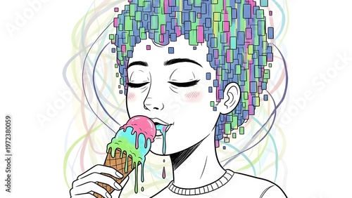Creative illustration of a person with colorful pixelated hair enjoying an ice cream cone on a vibrant background