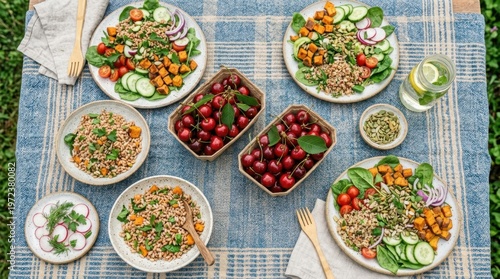 a distinct angle view from above, featuring the fresh cherries in paper punnets centered on the blue and beige picnic cloth, surrounded by the grain salad. the image