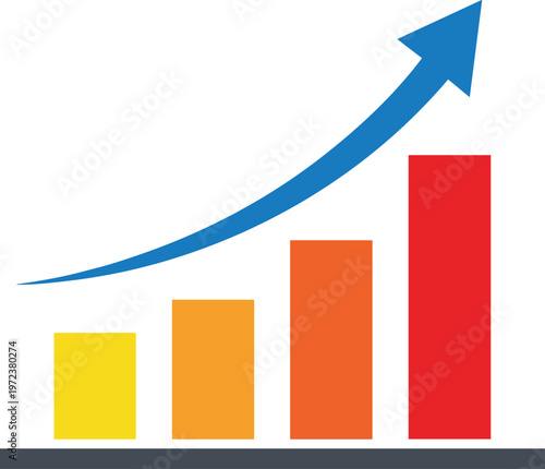 Business growth chart with rising arrow and colorful bar graph, financial success and progress concept, modern flat vector illustration for analytics and performance