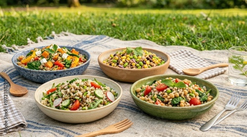 the graphic composition features a clean layout of colorful grain salads on a picnic blanket, with ample negative space for text overlay. the arrangement of food is