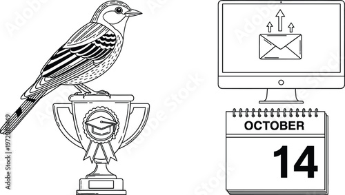 Achievement concept with bird on trophy, email sending on computer screen and calendar date reminder, productivity and success outline vector illustration