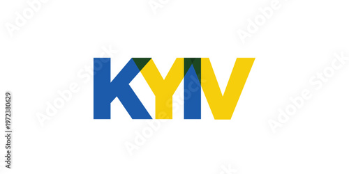 Kyiv in the Ukraine emblem. The design features a geometric style, vector illustration with bold typography in a modern font. The graphic slogan lettering.