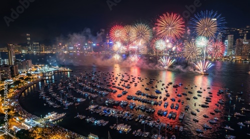 A sweeping drone image of a coastal city waterfront at the moment of a summer firework finale, multiple simultaneous burst patterns reflected in the harbor water below, boats