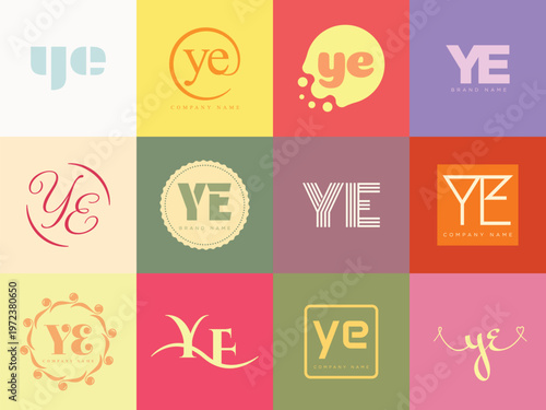 YE logo company template. Letter y and e logotype. Set different classic serif lettering and modern bold text with design elements. Initial font typography.