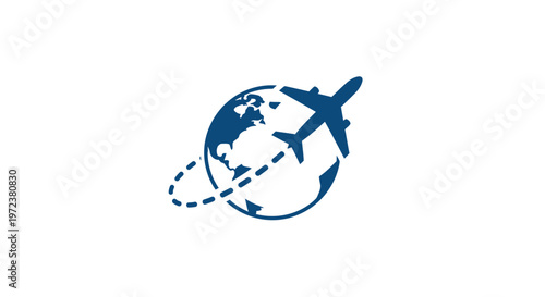 Airplane flying around the world globe.