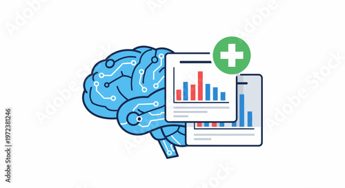 Brain with graphs and a tablet.