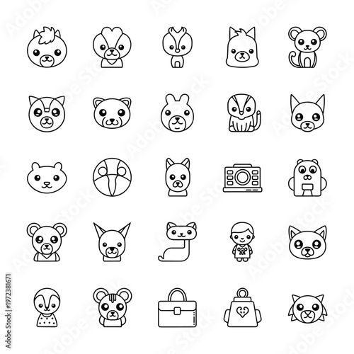 Sweet vector collection of various outlined cartoon animal characters and whimsical items, ideal for playful graphic design, children's apps, and engaging digital content