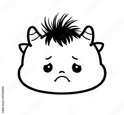 sad baby ogre face with teary eyes, anxious expression, Japanese demon "Oni", monochrome line art vector.