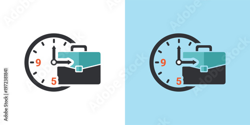 Essential business schedule icon with clock hands indicating 9 to 5, paired with a classic briefcase, illustrating standard work hours, office routine, and professional commitments